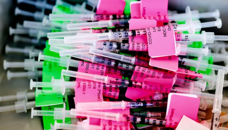 Many syringes with green and pink tags