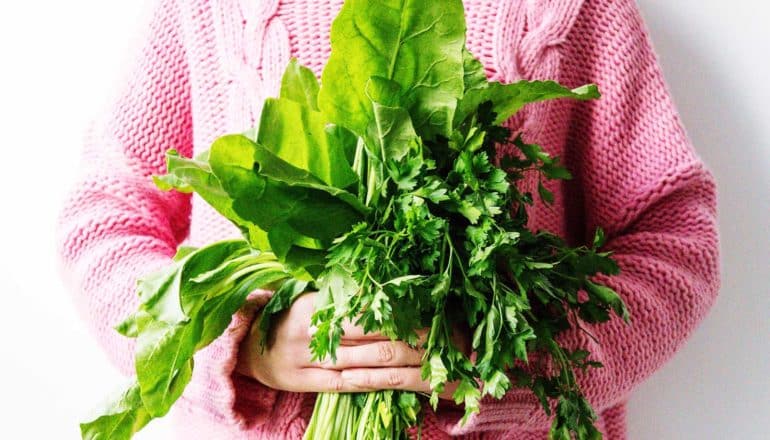 person in pink sweater holds bouquet of leafy greens