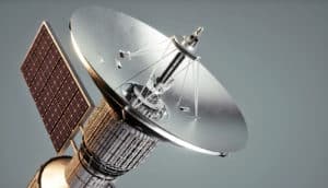 silver satellite with solar panels