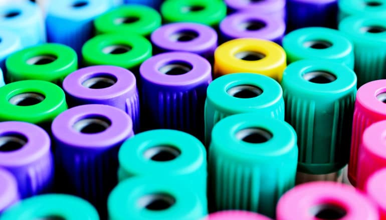 Several rows of blood test vials with colorful tops