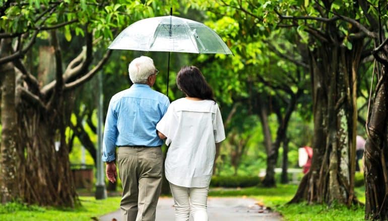 An older couple walks through a park with an umbrella