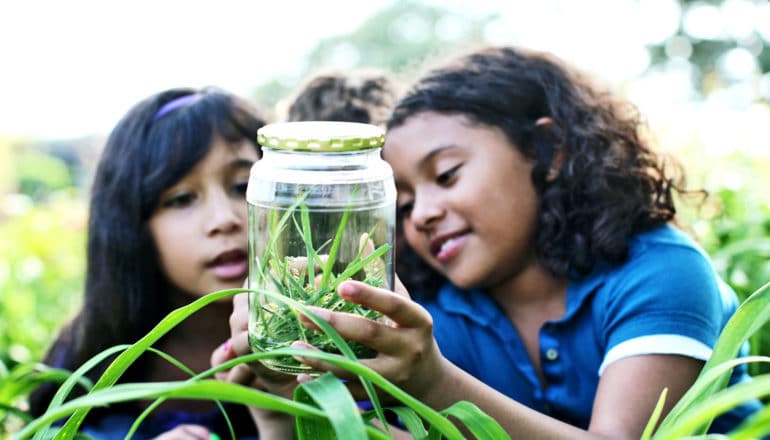 Two girls look into a jar with grass and an insect while outside