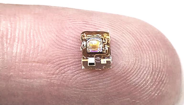 The tiny device sits on a person's fingertip