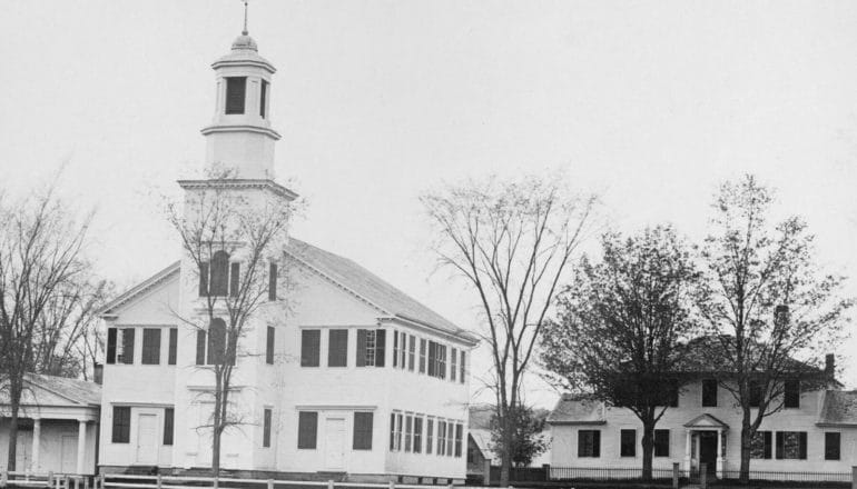 New England church and stately house