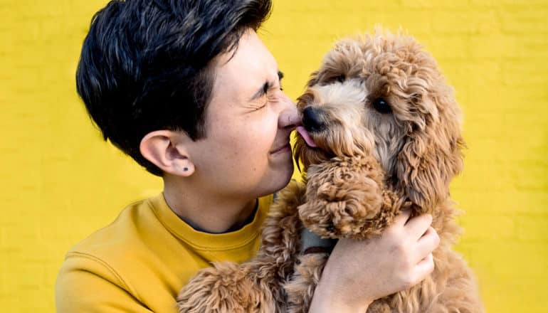 A person holds their dog while it licks their nose