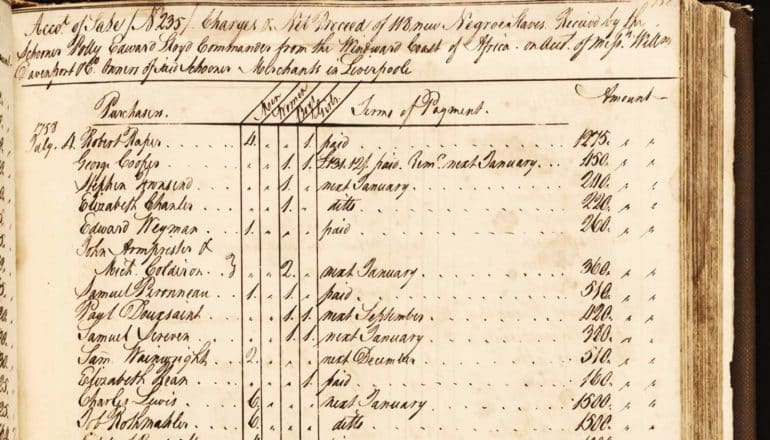 ledger lists names of enslavers, number of men, women, children, infants, and status of their payment