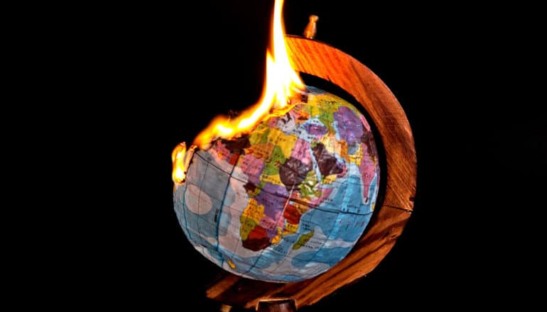 A globe model on fire