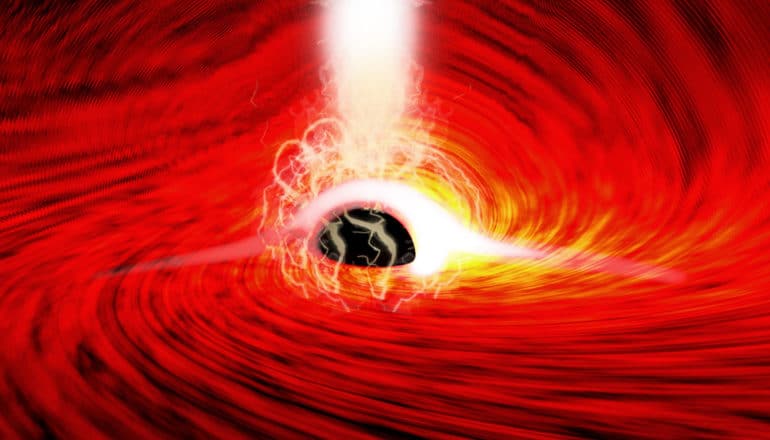 The black hole is surrounded by yellow and white light, within a large swirl of red and black around it