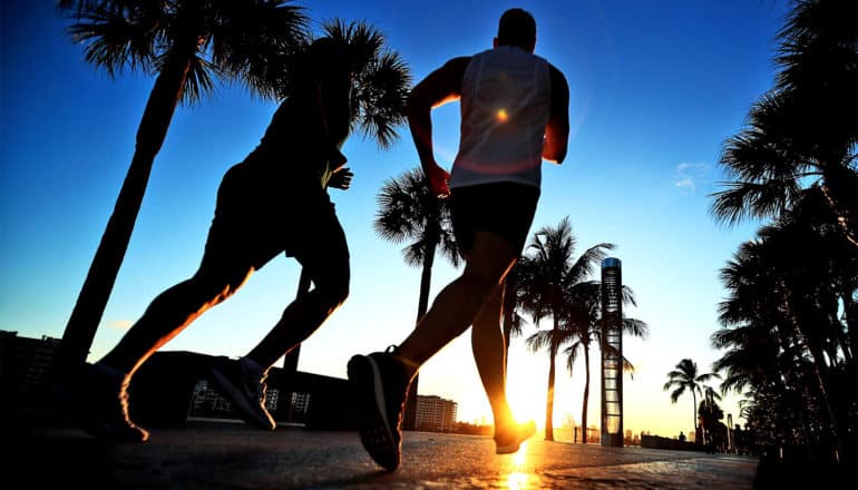 Two runners moving down a palm-tree-lined sidewalk at sunset