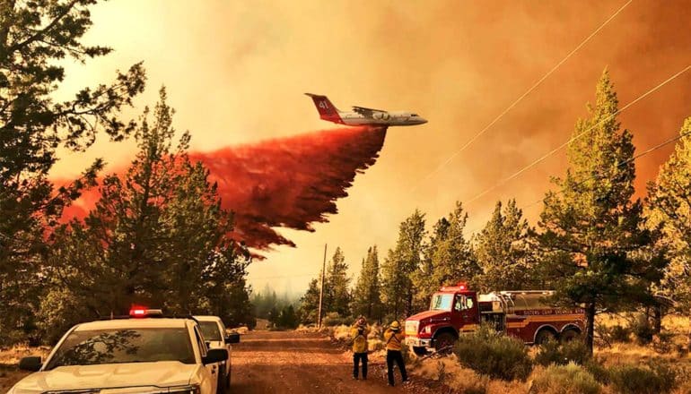 A plane drops red fire retardant on to a forest fire as firefighters parked along a road look up into the orange sky