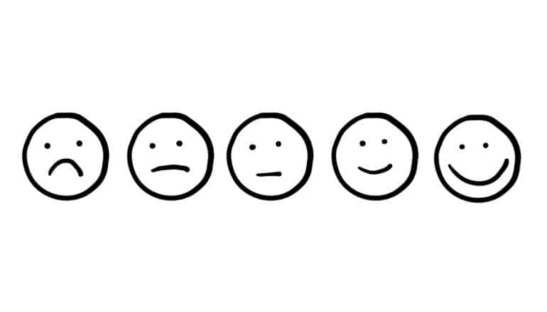 five minimal smiley faces that range from sad to happy