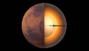 Mars with 1/4 removed to show glowing interior and jagged line indicating seismic data