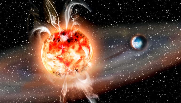 The illustration shows a superflare shooting white streams into space as well as a shockwave that reaches a small nearby planet