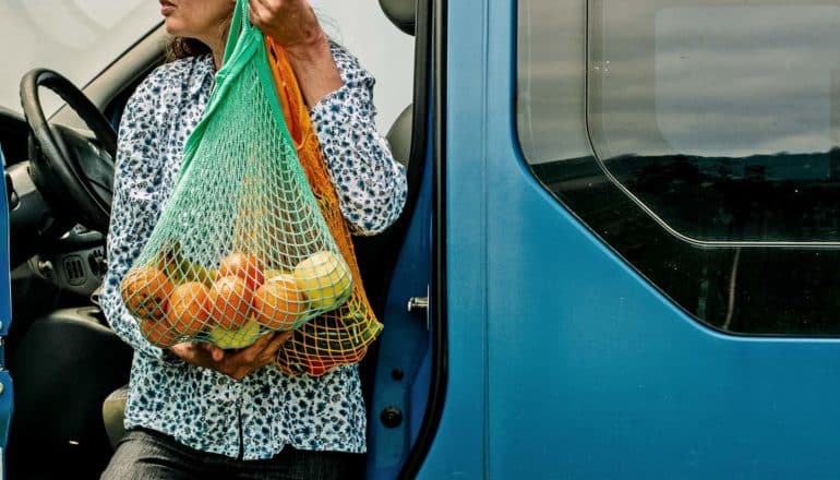 person holds bag of citrus as they leave blue van