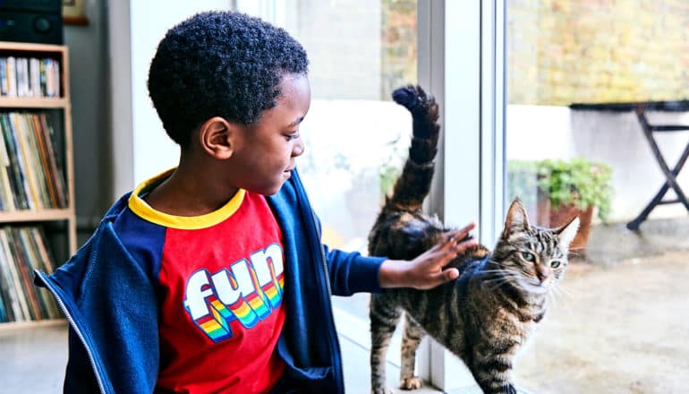 A young boy in a bright red t-shirt that reads "Fun" pets a cat near a glass door leading to a patio