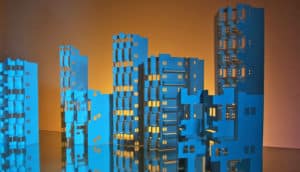 paper buildings in low light