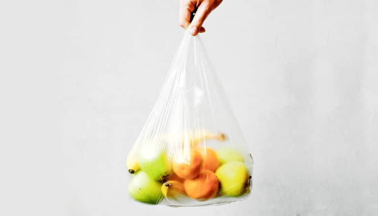 hand holds clear bag of fruit