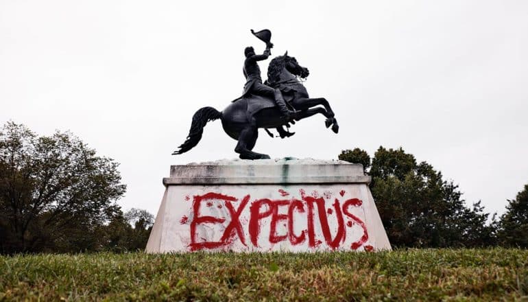 statue of figure on rearing horse