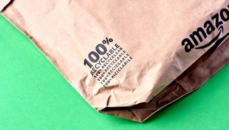 brown amazon package says "100% recycled" on corner