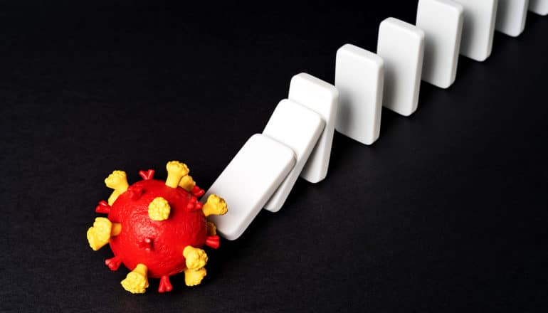 A model of coronavirus SARS-CoV-2 knocks down a line of dominoes