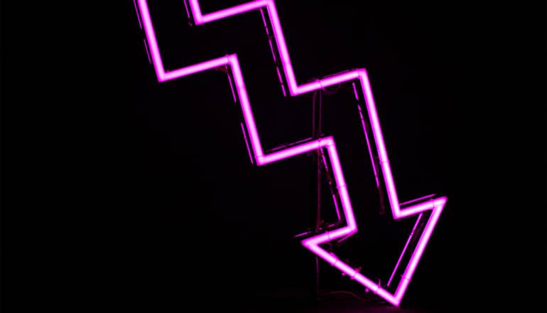 A pink neon arrow points downward