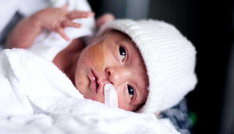 A newborn in the hospital wearing a white cap and covered in a white blanket