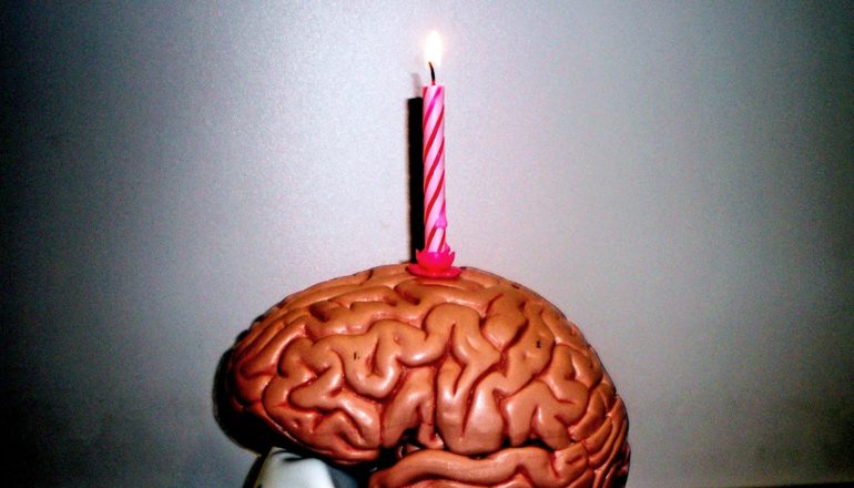 A brain model has a birthday candle on top of it