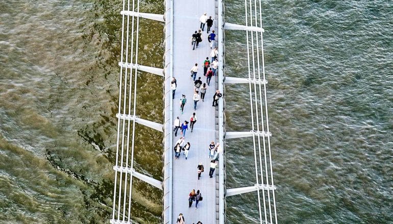 People walk over the Millennium Bridge in London