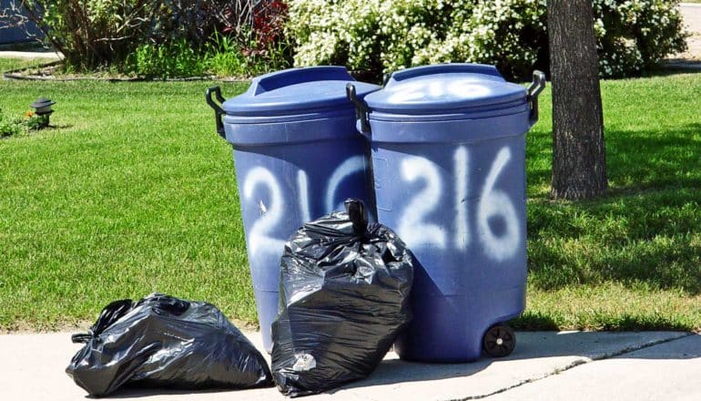 Trash cans and black bags sit on a sidewalk outside a house