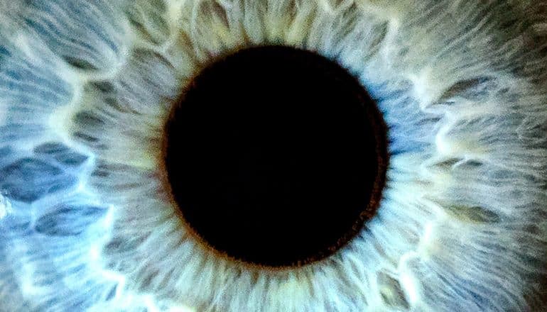 An extreme close-up of an eyeball shows the pupil and blue iris