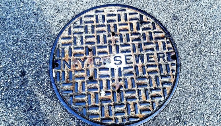 A manhole cover of a New York sewer reads "NYC Sewer"