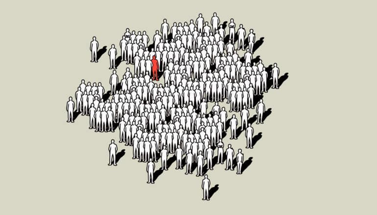 crowd of people illustration; 1 person in red