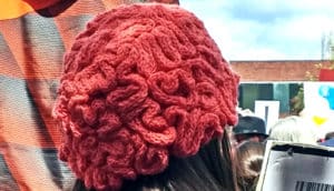 A person with long hair wears a pink knitted cap that looks like a human brain.