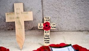 crosses with names and red poppy against memorial