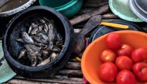 pot of small fish next to bowl of tomatoes