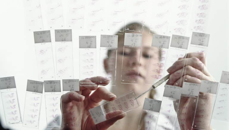 from below, young woman prepares microscope slides on clear surface