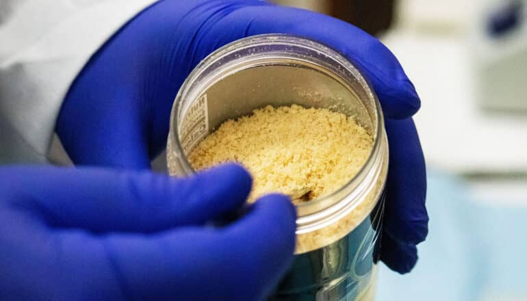 gloved hands hold jar of grated parmesan cheese