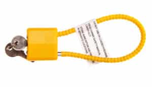 yellow cable with lock, two keys, and warning label