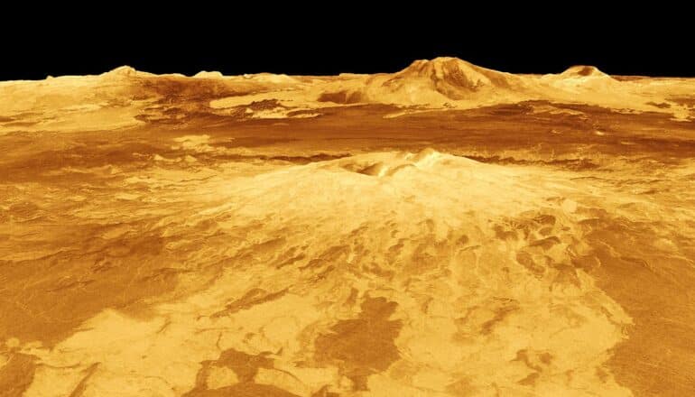 A computer-generated view of the surface of Venus shows a volcano named Sapas Mons.