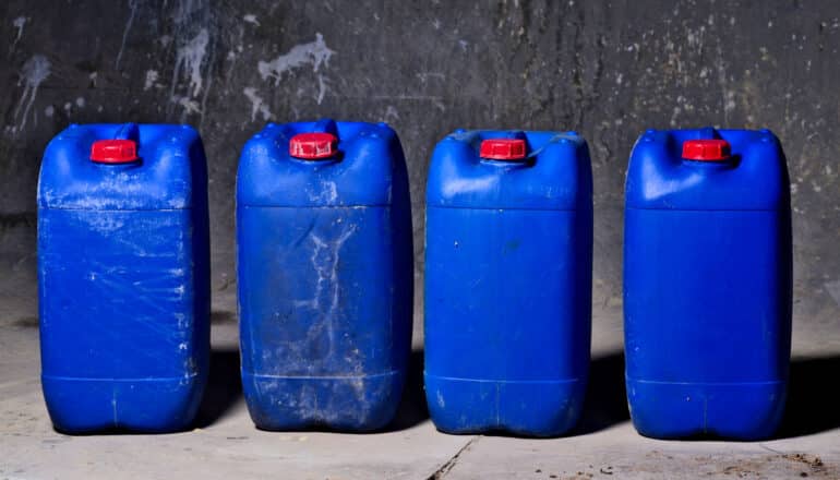 four blue plastic jugs