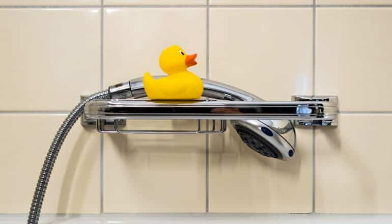 rubber duck toy on shower rail with handheld showerhead