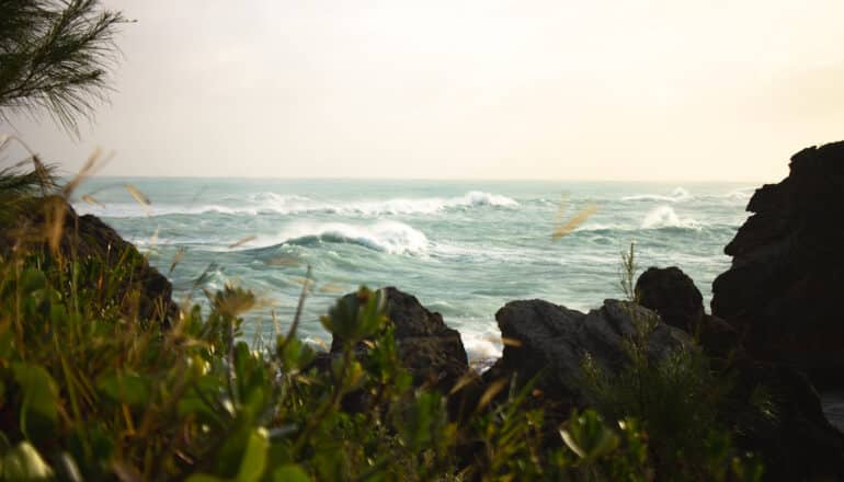 view of choppy ocean from behind black rocks