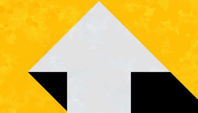 A white arrow with a black shadow points upward on a yellow background.