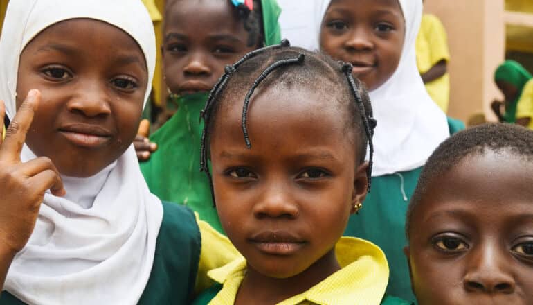 Nigerian schoolchildren, several in hijab