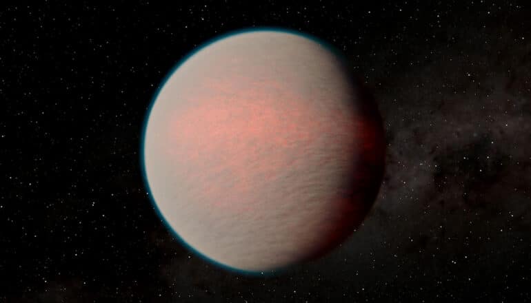 planet glows red under gray atmosphere