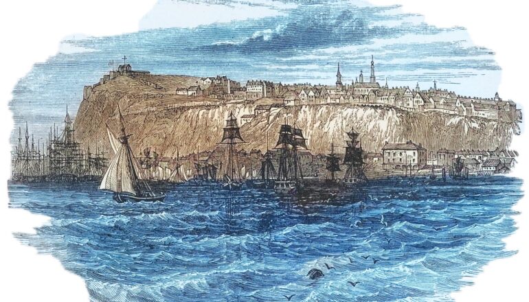 color-added engraving of ships outside quebec