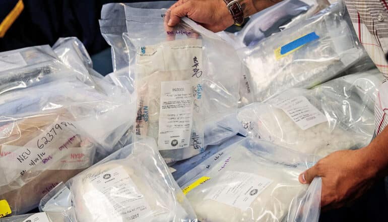 hands with many bags of white powder