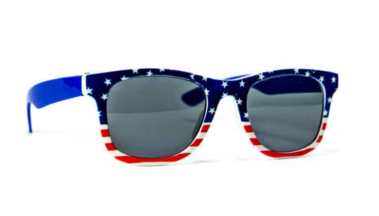 American flag-patterned sunglasses on white