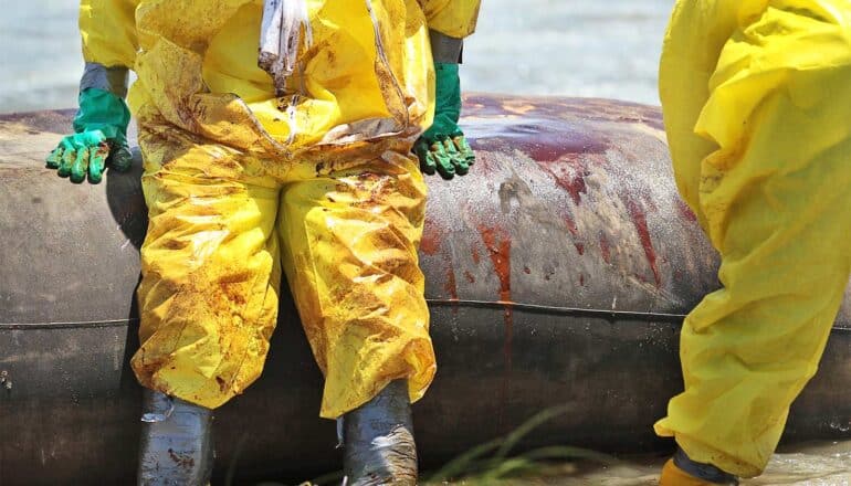 An oil worker in bright yellow protective gear and green gloves is covered in oil.