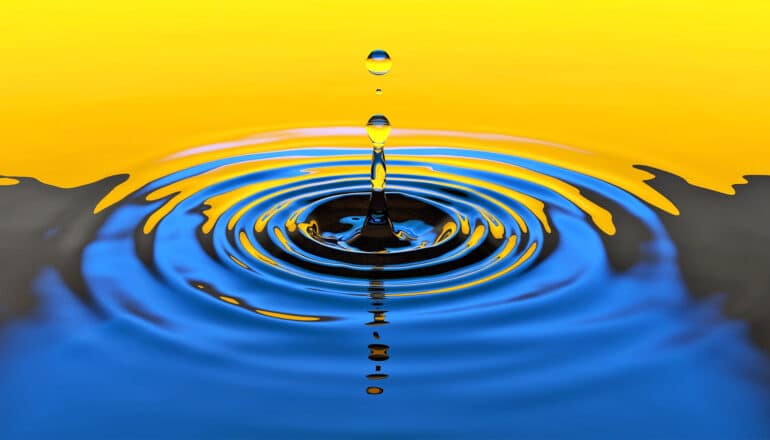 A water droplet splashes upwards as a ripple extends across the surface.